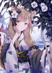 Rule 34 | 1girl, animal ear fluff, animal ears, black ribbon, brown hair, camellia, closed mouth, commentary request, flower, fox ears, fringe trim, hair flower, hair ornament, hair ribbon, hand up, highres, japanese clothes, kimono, long hair, long sleeves, looking at viewer, myusha, obi, original, outdoors, ribbon, sash, snow, snowing, solo, tail raised, torii, very long hair, white flower, white kimono, wide sleeves