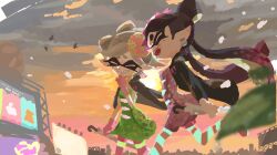 Rule 34 | 2girls, :d, ^ ^, arm at side, black hair, black jacket, bow-shaped hair, callie (splatoon), clenched hands, closed eyes, closed umbrella, cloud, cloudy sky, commentary request, cowboy shot, dress, earrings, fangs, garryaoki, gloves, gradient hair, green dress, grey hair, grin, hand to own mouth, highres, holding, holding umbrella, hoop earrings, inkling, jacket, jacket on shoulders, jewelry, jumpsuit, laughing, long hair, marie (splatoon), mole, mole under eye, multicolored hair, multiple girls, nintendo, official alternate costume, official style, open mouth, pantyhose, pink gloves, pink hair, pink jumpsuit, pink pantyhose, pointy ears, short hair, short jumpsuit, sky, smile, splatoon (series), splatoon 3, strapless, strapless dress, striped clothes, striped pantyhose, swept bangs, tentacle hair, twintails, two-tone hair, umbrella