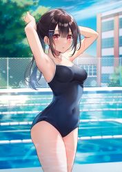 Rule 34 | 1girl, absurdres, arms up, bare arms, blue one-piece swimsuit, blue sky, blush, breasts, brown hair, colored eyelashes, day, highres, kisaragi yuri, long hair, looking at viewer, medium breasts, nvel, one-piece swimsuit, original, outdoors, parted lips, pool, poolside, purple eyes, scan, school swimsuit, simple background, sky, solo, stomach, swimsuit, thighs, water