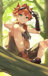 Rule 34 | 1boy, black gloves, branch, gloves, goggles, goggles on head, hair between eyes, highres, legs, looking at viewer, male focus, memo haco, orange hair, original, scar, scar on face, scar on nose, shoes, shorts, sleeveless, solo, sunlight, teeth, tree