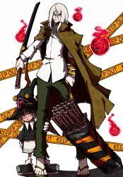 Rule 34 | 1boy, 1girl, absurdres, angela leon, bag, brown eyes, brown hair, caution tape, child, collared jacket, collared shirt, green pants, hat, highres, hitodama, holding, holding leg, holding sword, holding weapon, jacket, jacket on shoulders, kekel, living clothes, long hair, mifune (soul eater), mouth hold, multiple swords, open clothes, open jacket, pants, protecting, red eyes, sandals, shirt, soul eater, stalk in mouth, sword, weapon, weapon bag, white background, white hair, white shirt, witch, witch hat
