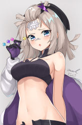 Rule 34 | 1girl, :o, aa-12 (girls&#039; frontline), bags under eyes, bandaged head, bandages, bandaid, bandaid on face, bandaid on nose, bare arms, bare shoulders, black gloves, black hat, blue eyes, blush, breasts, candy, crop top, dated, detached collar, food, girls&#039; frontline, gloves, groin, hair ornament, hand up, hat, highres, holding, holding candy, holding food, holding lollipop, jacket, lollipop, long sleeves, looking at viewer, medium breasts, midriff, navel, open clothes, open fly, open jacket, parted lips, sidelocks, signature, silver hair, solo, star (symbol), star hair ornament, stomach, unel, upper body, white jacket