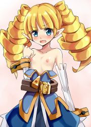 Rule 34 | 1girl, archer (disgaea), belt, blonde hair, blue eyes, blush, breasts, commentary request, cowboy shot, detached sleeves, disgaea, drill hair, flat chest, long hair, makai senki disgaea 2, nipples, open mouth, pink background, pointy ears, small breasts, solo, standing, topless, twin drills, twintails, unacchi (nyusankin)