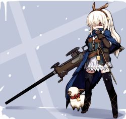Rule 34 | 1girl, animal ears, bell, black thighhighs, boots, bow, character request, chibi, fingerless gloves, gloves, gun, hairband, long hair, monster hunter (series), null (nyanpyoun), red eyes, revision, ribbed sweater, rifle, sheep, skirt, snow, solo, sweater, thigh boots, thighhighs, weapon, white hair, zettai ryouiki
