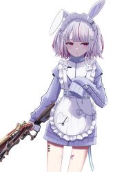 Rule 34 | 1girl, 30-30 repeater, animal ears, apron, dress, eyebrows hidden by hair, frilled apron, frills, grey hair, gun, hair ornament, hairclip, heart, heart hair ornament, herumu (kouzome mia), highres, holding, holding gun, holding weapon, jersey maid, juliet sleeves, long sleeves, looking away, looking to the side, maid, maid headdress, multicolored hair, parted lips, pink hair, puffy sleeves, purple dress, purple eyes, rabbit ears, rabbit hair ornament, short eyebrows, simple background, solo, standing, streaked hair, thick eyebrows, tosaki mimi, tosaki mimi (4th costume), two side up, unaligned ears, unconventional maid, virtual youtuber, vspo!, weapon, white apron, white background