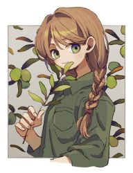 Rule 34 | 1girl, border, braid, brown hair, closed mouth, fingernails, freckles, from side, green eyes, green shirt, hair over shoulder, ka (marukogedago), looking at viewer, looking to the side, original, shirt, smile, solo, upper body, white border