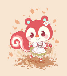 Rule 34 | 1girl, animal crossing, apron, artist name, autumn leaves, basket, bloomers, blush, blush stickers, brown background, buttons, closed mouth, collared shirt, commentary, dress, english commentary, eyelashes, falling leaves, floral print, flower, fly agaric, frilled apron, frilled sleeves, frills, furry, furry female, grass, green bloomers, green dress, hair flower, hair ornament, holding, holding basket, leaf, looking at viewer, mushroom, nintendo, pinafore dress, polka dot, polka dot apron, polka dot shirt, poppy (animal crossing), print dress, puffy short sleeves, puffy sleeves, samantha whitten, shirt, short sleeves, signature, simple background, sleeveless, sleeveless dress, smile, solo, squirrel girl, standing, underwear, waist apron, white apron, white flower, white shirt
