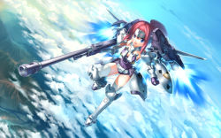 Rule 34 | 1girl, arm cannon, armor, blue eyes, cannon, flyx2, gundam, gundam wing, highres, jetpack, lying, mecha musume, personification, ponytail, red hair, shield, tallgeese, thighhighs, weapon, white thighhighs