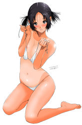 Rule 34 | 00s, 1girl, 2009, barefoot, bikini, black hair, blush, breasts, breasts squeezed together, cleavage, cross-eyed, dated, feet, grey eyes, head tilt, kneeling, lips, medium breasts, navel, nipples, one-piece tan, original, parted lips, ryouzou, shiny skin, short hair, signature, simple background, solo, string bikini, swimsuit, tan, tanline, twintails, undressing, uneven twintails, untied, white background, white bikini