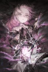 Rule 34 | 1girl, absurdres, arknights, black gloves, black jacket, capelet, cowboy shot, dress, fire, gloves, grey eyes, grey hair, hand up, highres, holding, holding lantern, irene (arknights), jacket, lantern, long hair, looking at viewer, parted lips, pink fire, rsef, scar, scar across eye, solo, white capelet, white dress