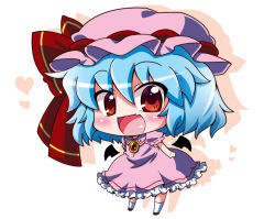 Rule 34 | 1girl, :d, bad id, bad pixiv id, bat wings, blue hair, blush, bow, brooch, chibi, detached wings, dress, fang, female focus, hat, hat bow, hat ribbon, heart, jewelry, mini wings, noai nioshi, open mouth, pendant, pink dress, red eyes, remilia scarlet, ribbon, short hair, smile, solo, touhou, wings