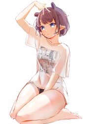 Rule 34 | 1girl, absurdres, amechi, barefoot, black shorts, blue eyes, blush, breasts, highres, hololive, hololive english, looking at viewer, ninomae ina&#039;nis, ninomae ina&#039;nis (loungewear), open mouth, pointy ears, purple hair, shirt, short hair, short shorts, shorts, small breasts, solo, tentacle hair, v, virtual youtuber, white shirt