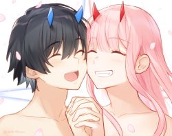Rule 34 | 10s, 1boy, 1girl, black hair, blue horns, blush, closed eyes, commentary request, couple, darling in the franxx, fang, hetero, hiro (darling in the franxx), holding hands, horns, interlocked fingers, long hair, oni horns, open mouth, petals, pink hair, red horns, short hair, toma (norishio), topless male, zero two (darling in the franxx)