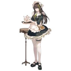 Rule 34 | 1girl, apron, bag, black dress, black footwear, bonnet, bridal garter, brown bag, brown eyes, brown hair, closed mouth, cup, dress, full body, girls&#039; frontline, green hair, green necktie, hair between eyes, handbag, highres, holding, holding cup, holding tray, long hair, looking at viewer, m4a1 (fluffy fruit tea) (girls&#039; frontline), m4a1 (girls&#039; frontline), maid, maid apron, mary janes, multicolored hair, necktie, official alternate costume, official art, pantyhose, puffy sleeves, shoes, short necktie, simple background, smile, solo, standing, streaked hair, table, teacup, teapot, third-party source, transparent background, tray, umo (mica team), white apron, white pantyhose