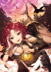 Rule 34 | 1girl, animal, apple, arm support, armlet, artist name, bad id, bad pixiv id, bird, black dress, bracelet, breasts, cloud, crescent, crow, detached sleeves, dress, emyo, eris (mythology), eyelashes, feathers, food, fruit, glint, golden apple, greek mythology, hand in own hair, hand on own head, highres, jewelry, lace-trimmed sleeves, lace trim, large breasts, lens flare, licking lips, light particles, long hair, looking at viewer, lying, original, pendant, plant, red hair, red lips, ring, sky, sleeveless, sleeveless dress, solo, tongue, tongue out, tree