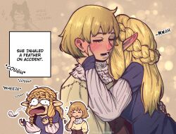 Rule 34 | 3girls, artist name, blonde hair, braid, closed eyes, commentary, coughing, dungeon meshi, english commentary, english text, falin touden, feathers, flying sweatdrops, highres, illogical snoos, izutsumi, kiss, kissing neck, long hair, lower teeth only, marcille donato, multiple girls, open mouth, pointy ears, short hair, simple background, teeth, yuri