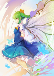 Rule 34 | 1girl, ascot, barefoot, bird, blue skirt, blue vest, breasts, bug, butterfly, clothes lift, commentary, daiyousei, fairy wings, falken (yutozin), feet out of frame, from side, green eyes, green hair, hair ribbon, highres, insect, medium breasts, open mouth, petticoat, profile, puffy short sleeves, puffy sleeves, ribbon, shirt, short hair, short sleeves, side ponytail, skirt, skirt set, solo, touhou, vest, white shirt, wings, yellow ascot, yellow ribbon