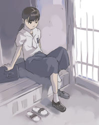 Rule 34 | 1girl, school uniform, serafuku, shoes, single shoe, socks, solo, takamichi