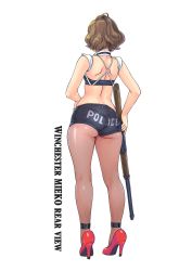 Rule 34 | 1girl, ass, back, black shorts, brown hair, carina (xiaowoo), clothes writing, commentary, crop top, denim, denim shorts, english text, facing away, from behind, full body, gun, high heels, highres, holding, holding gun, holding weapon, kishi mieko, kneepits, micro shorts, original, pantyhose, rifle, see-through, see-through legwear, short hair, shorts, shoulder blades, simple background, skindentation, solo, standing, thighs, weapon, white background