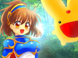Rule 34 | 1girl, :d, arle nadja, armor, armored dress, brown eyes, brown hair, carbuncle (puyopuyo), child, compile, forest, happy, madou monogatari, nature, open mouth, puyopuyo, smile