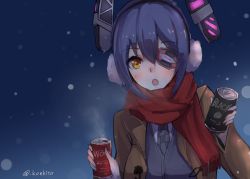 Rule 34 | 10s, 1girl, :o, breath, can, canned coffee, drink can, earmuffs, eyepatch, kantai collection, konkito, purple hair, scarf, short hair, snowing, solo, tenryuu (kancolle), twitter username