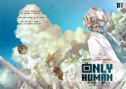 Rule 34 | 1boy, 2girls, :d, :o, absurdres, animal ears, antenna hair, antennae, artist name, blue sky, brown eyes, brown hair, building, cigarette, cloud, collared shirt, cyborg, dark skin, day, doctor (only human), dress, dutch angle, ely, english text, eyepatch, green eyes, green hair, hand in pocket, highres, lab coat, long sleeves, looking at another, looking at viewer, looking back, machinery, multiple girls, only human, only human (series), open mouth, original, plant, pole, power lines, red eyes, robot, ruins, screen, shirt, short hair, sinlaire, sky, smile, smoke, teeth, title, tree, white dress, yurika (only human)