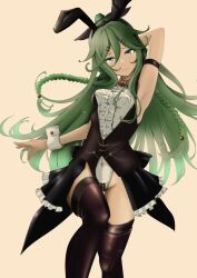 Rule 34 | 1girl, alternate costume, animal ears, black ribbon, black thighhighs, blue eyes, blush, bow, bowtie, breasts, chakoru, covered navel, crotch zipper, gradient background, green hair, hair between eyes, hair flaps, hair ornament, hair ribbon, hairclip, highres, kantai collection, leotard, long hair, looking at viewer, neckerchief, playboy bunny, ponytail, rabbit ears, ribbon, showgirl skirt, small breasts, solo, thighhighs, traditional bowtie, white leotard, wrist cuffs, yamakaze (kancolle), zipper