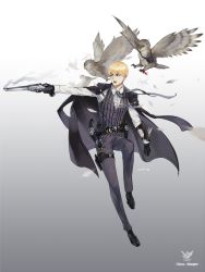 Rule 34 | 1boy, aliceblue, bad id, bad pixiv id, bird, blonde hair, blouse, collared shirt, dated, formal, full body, gloves, gradient background, gun, handgun, highres, holster, holstered, male focus, open mouth, owl, revolver, shirt, short hair, simple background, smoke, solo, suit, tagme, teeth, upper teeth only, weapon, white shirt