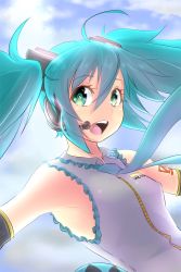 Rule 34 | 1girl, aqua eyes, aqua hair, armpits, bad id, bad pixiv id, breasts, cloud, cloudy sky, covered erect nipples, flat chest, hair ornament, hatsune miku, headset, long hair, magister, necktie, sky, small breasts, solo, twintails, vocaloid