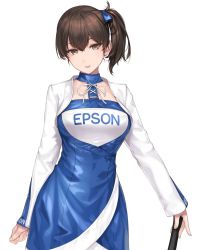 Rule 34 | 1girl, alternate costume, bad id, bad twitter id, blue dress, breasts, brown eyes, brown hair, cowboy shot, dress, epson, hair ribbon, highres, kaga (kancolle), kantai collection, large breasts, long hair, long sleeves, race queen, ribbon, rokuwata tomoe, side ponytail, simple background, white background