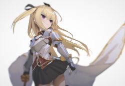 Rule 34 | 1girl, armor, black gloves, black skirt, blonde hair, blurry, blurry background, blush, breastplate, cape, character request, closed mouth, female knight, fingerless gloves, flower knight girl, gloves, grey background, hair between eyes, hara shoutarou, highres, holding, holding sword, holding weapon, knight, light blush, pauldrons, purple eyes, shoulder armor, simple background, skirt, solo, sword, twintails, vambraces, weapon, white cape