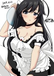 Rule 34 | 1girl, absurdres, ahoge, alternate costume, apron, arm behind head, arm up, artist logo, bare shoulders, between legs, black dress, black eyes, black hair, blush, breasts, cleavage, closed mouth, commentary, dated, dress, enmaided, frilled apron, frills, girls und panzer, hand between legs, highres, holding, holding tray, isuzu hana, light frown, lips, long hair, looking at viewer, maid, maid apron, medium breasts, off shoulder, official alternate costume, one-hour drawing challenge, parted lips, shiina excel, short dress, short sleeves, simple background, sitting, solo, thighhighs, tray, twitter username, white apron, white background, white thighhighs
