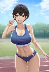 Rule 34 | 1girl, absurdres, armpit crease, armpits, bare arms, bare shoulders, black hair, blue buruma, blue sky, blue sports bra, breasts, brown eyes, buruma, cleavage, cloud, cloudy sky, commentary, cowboy shot, cryturtle, day, gluteal fold, grass, grin, hair between eyes, hand up, highres, large breasts, looking at viewer, micro shorts, midriff, navel, original, outdoors, short hair, shorts, sky, smile, solo, sports bra, standing, stomach, sweat, symbol-only commentary, taut clothes, teeth, thigh gap, thighs, toned, track and field, v, wet