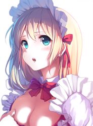 Rule 34 | 1girl, :o, blonde hair, blue eyes, blush, bow, bowtie, breasts, caidychen, centimetre, cleavage, collaboration, headdress, hot, large breasts, long hair, looking at viewer, maid headdress, open mouth, original, simple background, solo focus, sweat, white background
