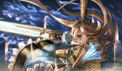 Rule 34 | &gt;:o, 10s, 1girl, :o, armor, blonde hair, blue dress, blue eyes, breastplate, charlotta (granblue fantasy), crown, dress, ecens, gauntlets, granblue fantasy, harvin, holding, holding shield, holding sword, holding weapon, long hair, looking at viewer, open mouth, puffy short sleeves, puffy sleeves, shield, short sleeves, solo, sword, v-shaped eyebrows, water, weapon