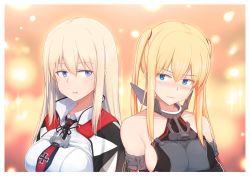 Rule 34 | 10s, 2girls, alternate hairstyle, anchor, bismarck (kancolle), blonde hair, blue eyes, breasts, capelet, detached sleeves, graf zeppelin (kancolle), hairstyle switch, kantai collection, large breasts, long hair, multiple girls, osterei, twintails, wavy mouth