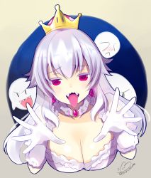 Rule 34 | 1girl, azuma yuki, bad id, bad pixiv id, blush, boo (mario), breasts, brooch, cleavage, commentary request, crown, dress, earrings, frilled dress, frilled gloves, frills, ghost, gloves, hair between eyes, jewelry, large breasts, long hair, looking at viewer, luigi&#039;s mansion, mario (series), new super mario bros. u deluxe, nintendo, open mouth, princess king boo, puffy short sleeves, puffy sleeves, purple eyes, sharp teeth, short sleeves, super crown, teeth, tongue, tongue out, white dress, white gloves