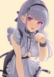 Rule 34 | 1girl, :d, anchor choker, apron, azur lane, bare shoulders, black hairband, black skirt, blunt bangs, blush, breasts, center frills, choker, clothing cutout, commentary, cowboy shot, dido (azur lane), frilled choker, frilled skirt, frills, hairband, hand up, highres, lace-trimmed hairband, lace trim, large breasts, leaning forward, long hair, looking at viewer, maid, open mouth, paw pose, purple eyes, shaketarako, shirt, sidelocks, silver hair, simple background, skirt, sleeveless, sleeveless shirt, smile, solo, standing, underboob, underboob cutout, waist apron, white apron, white shirt