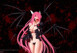 Rule 34 | 1girl, armor, bad id, bad pixiv id, bat wings, bikini armor, black background, black sclera, blade, blood, blood on hands, breasts, claws, colored sclera, cosplay, crossover, elfen lied, horns, licking, long hair, lucy (elfen lied), medium breasts, multiple wings, open mouth, pink eyes, pink hair, pyrolover90, red eyes, revealing clothes, smile, solo, very long hair, wings, witchblade, witchblade (cosplay)
