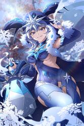 Rule 34 | 1girl, :q, absurdres, blue bodysuit, blue choker, blue cloak, blue eyes, blue hood, blurry, blurry background, bodysuit, breasts, choker, cicin mage (genshin impact), cloak, clothing cutout, commentary, cryo cicin mage (genshin impact), dasoin, dated, english commentary, fur-trimmed hood, fur-trimmed sleeves, fur trim, genshin impact, gloves, half gloves, highres, holding, holding lantern, hood, hooded cloak, ice, ice crystal, korean commentary, lantern, large breasts, licking lips, long sleeves, looking at viewer, mixed-language commentary, partially fingerless gloves, short hair, sideless outfit, signature, solo, tongue, tongue out, tree, white gloves, white hair