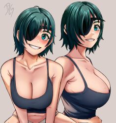 Rule 34 | 1girl, armpit crease, artist name, bare shoulders, blush, breasts, chainsaw man, cleavage, collarbone, dilan griz, eyepatch, green eyes, green hair, highres, himeno (chainsaw man), large breasts, looking at viewer, panties, short hair, simple background, sleeveless, smile, solo, tank top, underwear, white panties