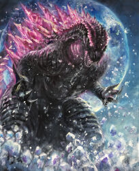 Rule 34 | absurdres, claws, crossover, dinosaur, full moon, g.n.a., giant, giant monster, gills, glowing, glowing eyes, glowing gills, glowing spikes, godzilla, godzilla (monsterverse), godzilla (series), godzilla evolved, godzilla x kong: the new empire, highres, ice, kaijuu, king kong (series), legendary pictures, monster, monsterverse, moon, night, no humans, open mouth, pink eyes, roaring, sea monster, sharp teeth, snow, spikes, tail, teeth, toho, tongue, warner bros