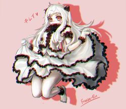 Rule 34 | 10s, 1girl, abyssal ship, arm strap, artist name, barefoot, chromatic aberration, clothes lift, colored skin, covered mouth, dress, dress lift, freeze-ex, frilled dress, frills, full body, horns, kantai collection, layered dress, long hair, looking at viewer, mittens, northern ocean princess, aged up, pale skin, red eyes, sidelocks, sleeveless, sleeveless dress, solo, white dress, white hair, white skin