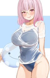 Rule 34 | 1girl, absurdres, ball, blue one-piece swimsuit, blush, breasts, choco tanuki, collarbone, competition school swimsuit, covered navel, glasses, highres, holding, holding ball, jewelry, large breasts, long hair, looking at viewer, necklace, nijisanji, one-piece swimsuit, open mouth, pink eyes, pink hair, round eyewear, school swimsuit, shiina yuika, shirt, smile, solo, swimsuit, swimsuit under clothes, virtual youtuber, wet, wet clothes, wet shirt, white shirt