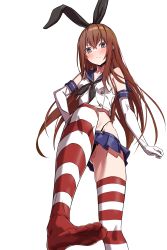 Rule 34 | 1girl, absurdres, black eyes, black panties, blush, breasts, brown hair, closed mouth, commission, cosplay, crop top, elbow gloves, from below, gloves, gluteal fold, hair ribbon, highleg, highleg panties, highres, kantai collection, long hair, makise kurisu, microskirt, midriff, panties, pleated skirt, ribbon, second-party source, shimakaze (kancolle), shimakaze (kancolle) (cosplay), shirt, sidelocks, simple background, skeb commission, skirt, sleeveless, sleeveless shirt, small breasts, solo, steins;gate, string panties, striped clothes, striped thighhighs, takanashi kei (hitsujikan), thighhighs, underwear, very long hair, white background, white gloves