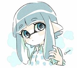 Rule 34 | 1girl, aqua eyes, aqua hair, bad source, blue background, blue eyes, blue hair, close-up, closed mouth, comamawa, head tilt, inkling player character, long hair, looking at viewer, nintendo, pointy ears, shirt, short hair, simple background, solo, splatoon (series), twitter username, upper body, white background, white shirt