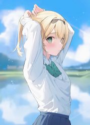 Rule 34 | 1girl, absurdres, arms up, blonde hair, blue skirt, blurry, blurry background, blush, bow, bowtie, day, green bow, green bowtie, green eyes, hana mori, highres, hololive, kazama iroha, long sleeves, looking at viewer, outdoors, parted lips, ponytail, shirt, sideways glance, skirt, solo, tying hair, virtual youtuber, white shirt