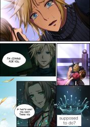 Rule 34 | 1boy, 1girl, aerith gainsborough, altar, arm around waist, armor, blonde hair, blue eyes, blue shirt, brown hair, buster sword, choker, closed eyes, cloud strife, cropped jacket, crying, death, dress, english text, falling petals, final fantasy, final fantasy vii, final fantasy vii remake, flower choker, forgotten city, green eyes, halu-ca, hand in another&#039;s hair, highres, jacket, lifestream, long dress, long hair, parted bangs, petals, pink dress, red jacket, sequential, shirt, short hair, short sleeves, shoulder armor, sleeveless, sleeveless turtleneck, smile, speech bubble, spiked hair, splashing, square enix, tears, toned, toned male, turtleneck, water, weapon, weapon on back, wide-eyed