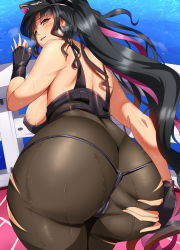 Rule 34 | 1girl, ass, ass grab, bad id, bad pixiv id, bent over, bikini, black bikini, black bodysuit, black gloves, black hair, bodysuit, breasts, commentary request, fate/grand order, fate (series), fingerless gloves, forehead tattoo, from behind, gloves, grabbing own ass, hand on own ass, hat, highres, large breasts, long hair, looking back, magukappu, multicolored hair, peaked cap, police hat, ponytail, presenting, purple hair, revision, sessyoin kiara, sessyoin kiara (swimsuit mooncancer), sessyoin kiara (swimsuit mooncancer) (second ascension), solo, spread ass, streaked hair, swimsuit, yellow eyes