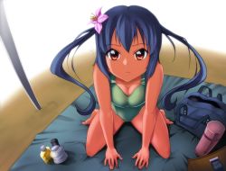 Rule 34 | 1girl, absurdres, bad id, bad pixiv id, bag, barefoot, black hair, bottle, breasts, brown eyes, cleavage, flower, highres, k-on!, long hair, medium breasts, nakano azusa, one-piece swimsuit, sitting, solo, swimsuit, tan, thermos, twintails, uzumi (uzumi yosi), wariza